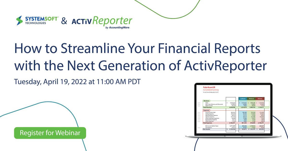SystemSoft_Tech's tweet photo. Join System Soft Technologies in partnership with AccountingWare for our webinar on how to streamline your financial reports with #ActivReporter. 

📆 April 19th at 11:00 AM PDT

Do not miss out! Register today: https://t.co/YzbApBAF7I   

#AccountingWare #DynamicsGP #MSPartner https://t.co/UEQ8xzNFFQ