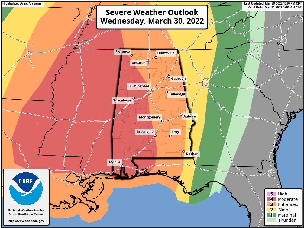 spann's tweet image. Updated SPC severe weather outlook for tomorrow/tomorrow night… Potential high impact wind event for the Deep South. A few tornadoes are possible as well.