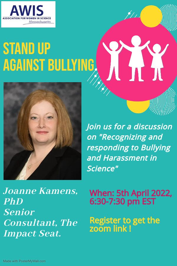 JKamens's tweet photo. Join me and Central Mass AWIS to discuss bullying and #SexualHarassment in Science! 4/5 
https://t.co/n5Xy7wJzU9

@MASSAWIS @AWISNational #WomenInSTEM #BystanderSupport #DiversityInSTEM https://t.co/QgYUQD9th1