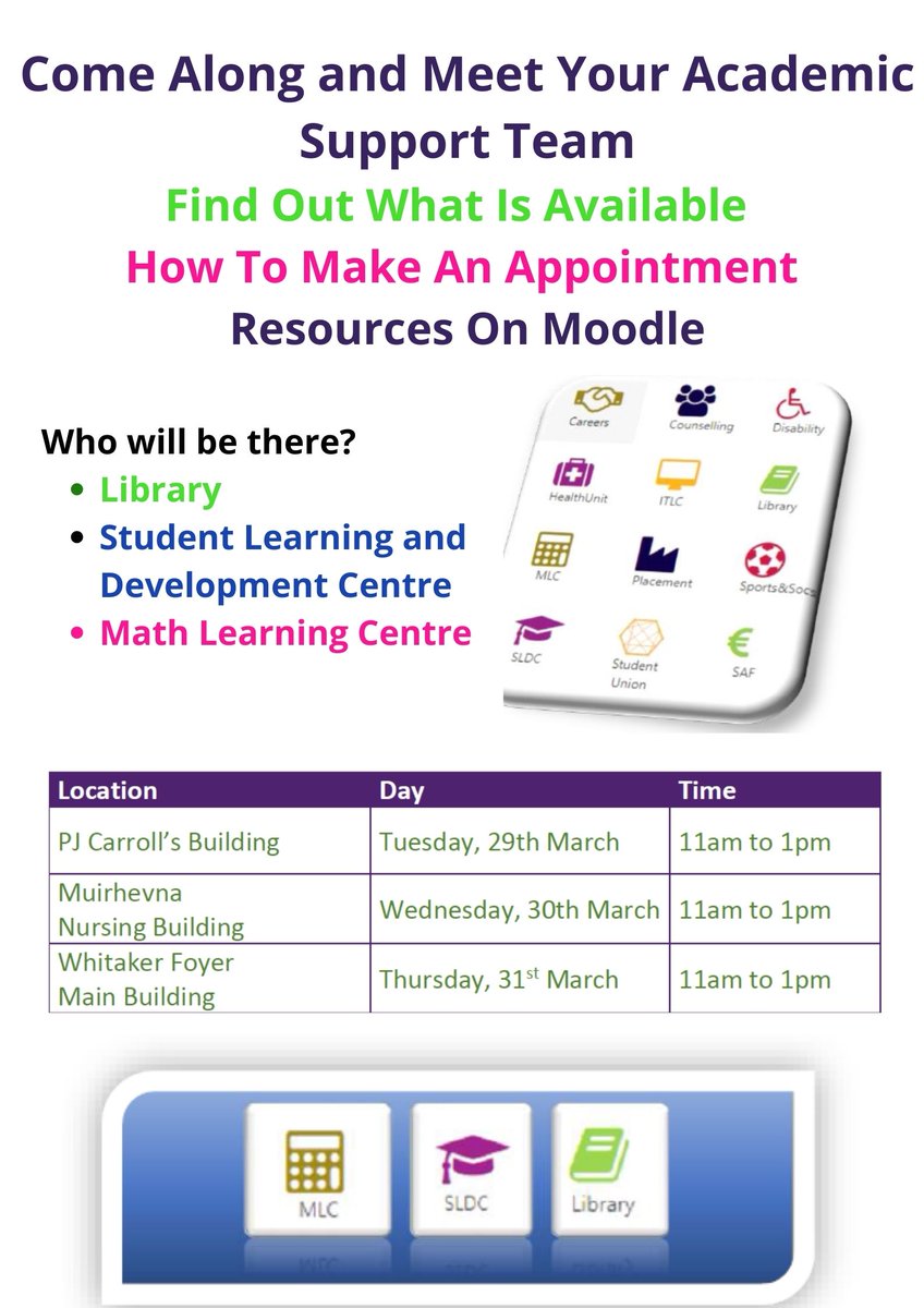 DkITLibrary's tweet photo. Visit your Academic Support Team stand in Muirhevna Nursing Building today between 11am - 1pm and see how we can support you in your studies. Pick up a ticket for the SLDC raffle! @DKITSU https://t.co/cRtAKjZZw9