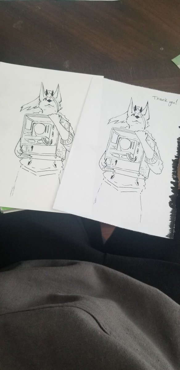 CryptidVyn's tweet photo. I decided to make a doodle / drawing of my OC thanking, for the pc repair person at my local computer shop. 
My poor sushi is out of commission, but my art isn't! I'm down to my surface go 3 and pen paper.
Original drawing is on the left. 
#furry #tech #IT #furryart #furryartist https://t.co/seKUN5a0n9