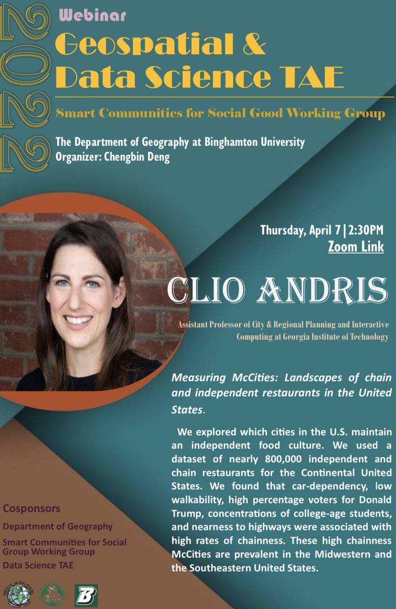 BU_Geography's tweet photo. Join us on 4/7 at 2:30 pm, by Dr. Clio Andris for her talk "Measuring McCities: Landscapes of chain and independent restaurants in the United States." Organized by the "Smart Communities for Social Good" working group DS TAE and @BU_Geography https://t.co/EXbcPQwQzA https://t.co/00ZnJgpIYQ