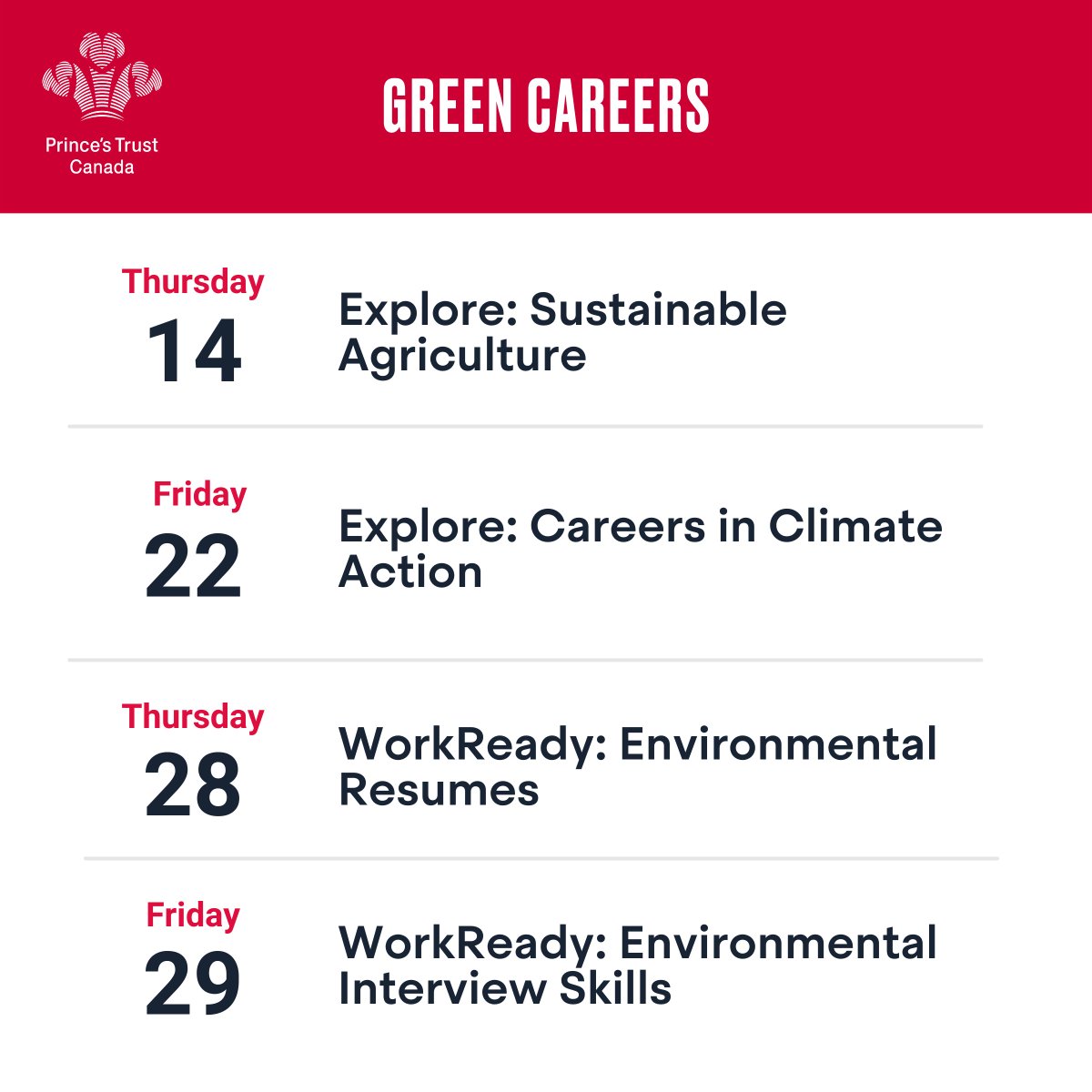 KingsTrustCA's tweet photo. Here is a roundup of our upcoming programs in April! To register, visit our website at https://t.co/nrFBlX04gD
#PrincesTrustCanada #Discoverjobs #BecomeWorkReady #Greenjobs #ExploreCareers #FreeProgram https://t.co/eaW6gN6q2s