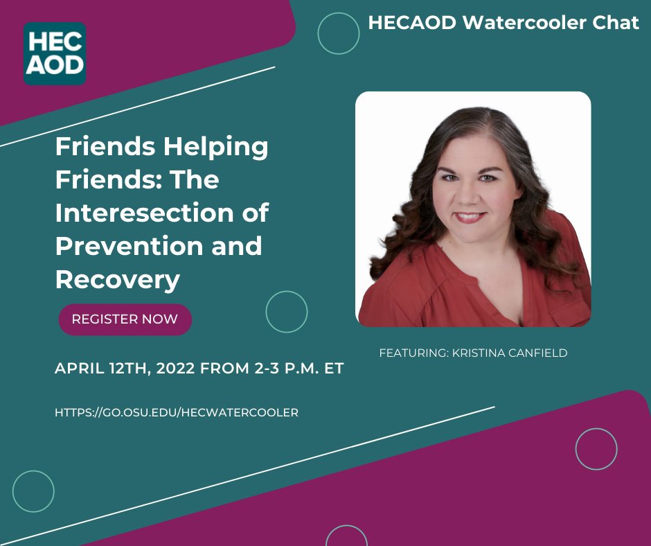 Join us for our next Water Cooler Chat as we partner with @CollegeRecovery. This topic will center on the intersections between collegiate recovery and prevention. The conversation will be led by ARHE Interim Director Kristina Canfield.

go.osu.edu/hecwatercooler
