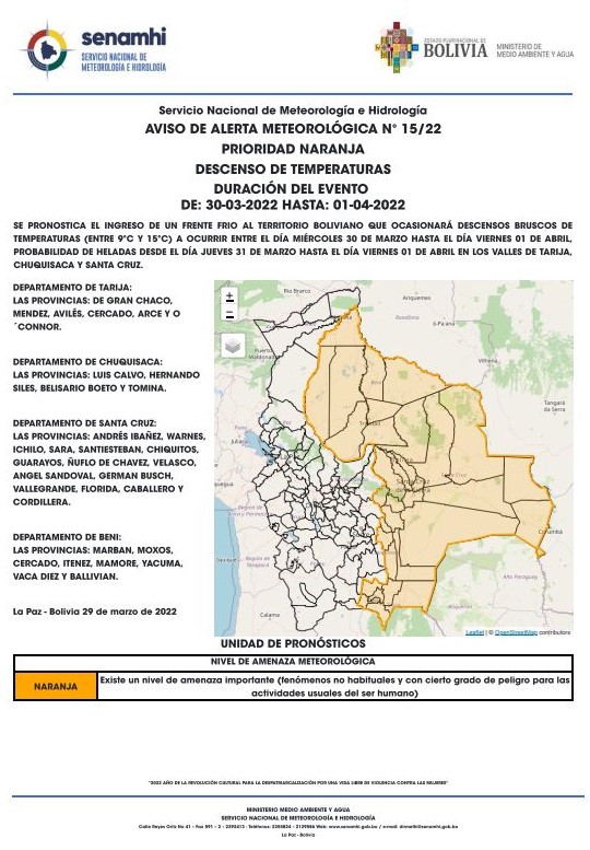 SENAMHI_BOLIVIA's tweet image. ALERTA METEOROLÓGICA N° 15/22
🔸️PRIORIDAD NARANJA🔸️
DESCENSO DE TEMPERATURAS EN:
TARIJA, SUCRE, SANTA CRUZ Y BENI
DURACIÓN DEL EVENTO
DE: 30-03-2022 HASTA: 01-04-2022