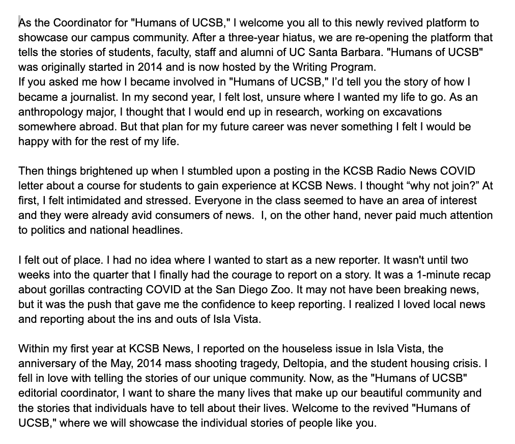 HumansofUCSB's tweet image. 𝐉𝐞𝐧𝐧𝐢𝐟𝐞𝐫 𝐘𝐨𝐬𝐡𝐢𝐤𝐨𝐬𝐡𝐢
𝐁𝐢𝐨𝐥𝐨𝐠𝐢𝐜𝐚𝐥 𝐀𝐧𝐭𝐡𝐫𝐨𝐩𝐨𝐥𝐨𝐠𝐲 𝐌𝐚𝐣𝐨𝐫/ 𝟑𝐫𝐝 𝐲𝐞𝐚𝐫

"As the Coordinator for "Humans of UCSB," I welcome you all to this newly revived platform to showcase our campus community. After a three-year hiatus..."