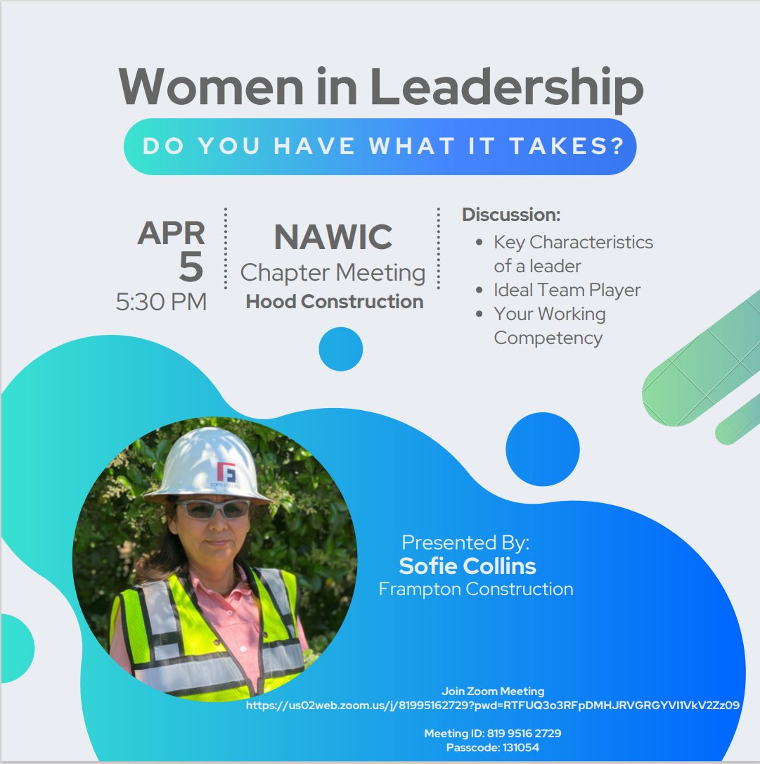 Please join us for our chapter meeting NEXT TUESDAY, April 5th, at Hood Construction! Sofie Collins will be presenting on Leadership- we're excited to hear how this can impact us not only in our NAWIC chapter, but at work as well! 

👷‍♀️ #NAWIC113 #NAWICColumbiaSC