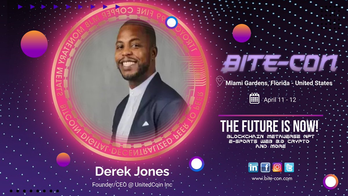 BITE-CON speaker Derek Jones, Founder/CEO at <a href="/UnitedCoin_/">UnitedCoin</a>

GET TICKETS bite-con.com

#blockchain #metaverse #nft #esports #web3 #cryptocurrency #bitecon #bitecon22 #miami #fmu <a href="/EverlastMiami/">Everlast Productions</a>