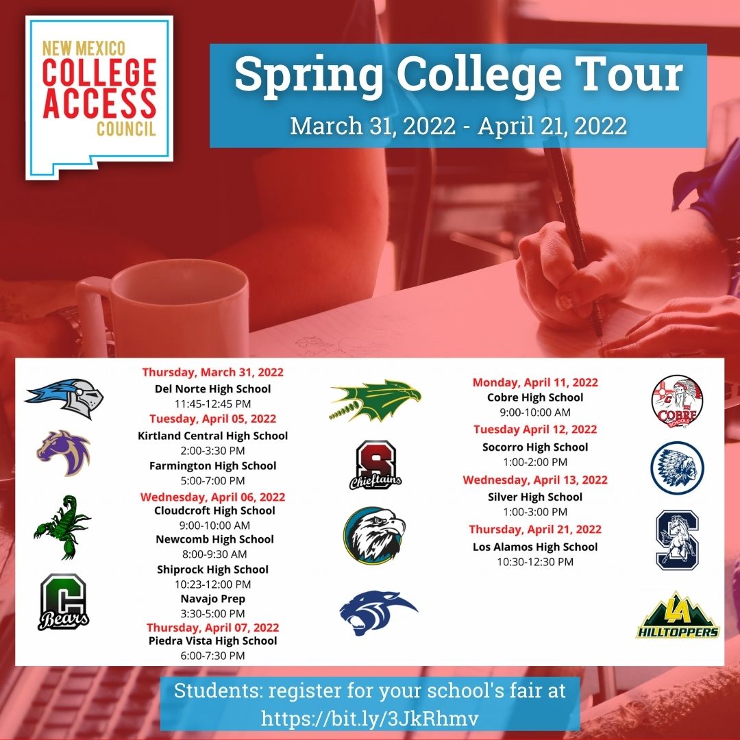nmcollegeaccess's tweet photo. Our Spring College Tour starts this week! As always, we are excited to bring college access to a lineup of schools across the entire state of New Mexico. We can't wait to get out there and see all of your smiling faces! https://t.co/CDNdXUC46V