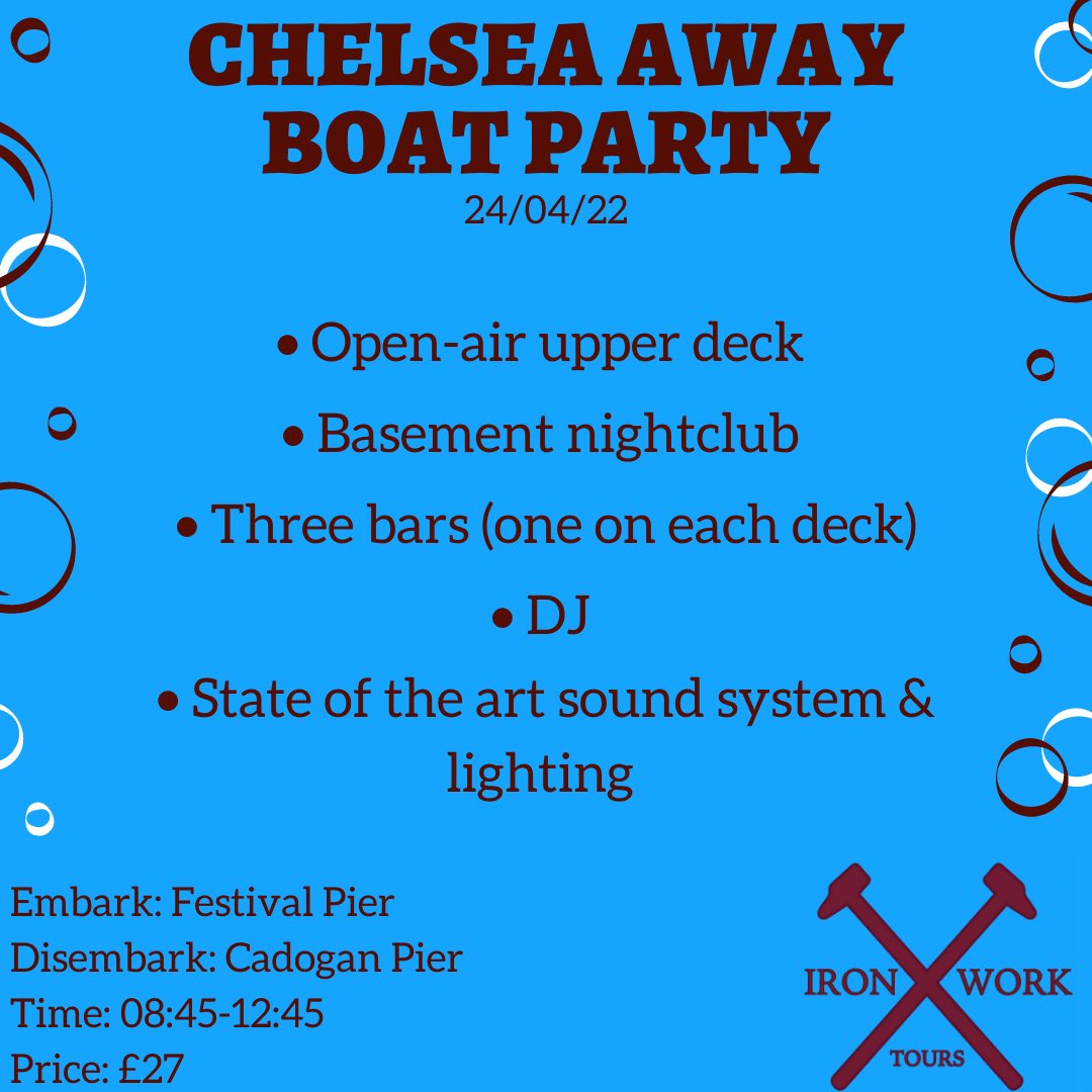 IronworkTours's tweet image. CHELSEA AWAY ⚓️

Open-air upper deck. Basement nightclub. This will be the biggest West Ham boat on the Thames!

DM for booking enquiries!