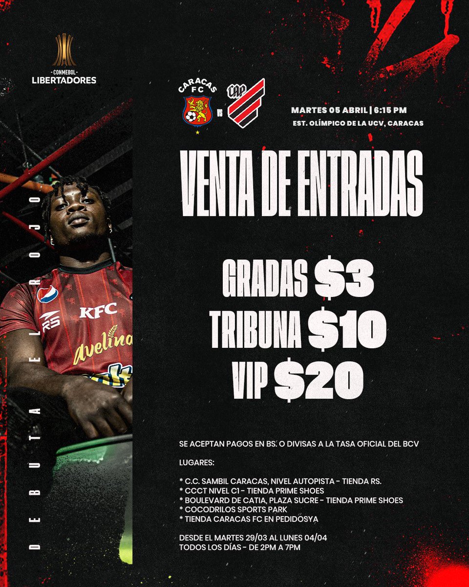Caracas_FC's tweet photo. ¡Inicia la venta de entradas para la @Libertadores🏆!

Desde hoy 29/03 y hasta el lunes 04/04 adquiere tus entradas para luchar juntos el próximo martes 05 de abril ante @AthleticoPR.

⚠️ Nota: se aceptan pagos Bs o divisas a la tasa oficial del día.

#JuntosPorCaracas #DaleRo https://t.co/Ww5SMpTq44
