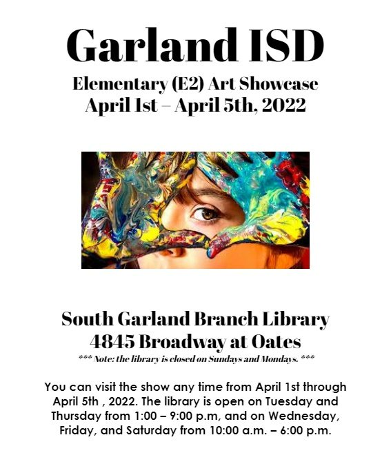 art_toler's tweet photo. This Friday begins the art show for Toler Elementary and other surrounding Gisd schools at the South Garland Branch Library! We have 24 amazing artists represented in the show. Please come on out to enjoy the hard work these kids put into their art. @Toler_Texans #garlandisdarts https://t.co/BgYRRPERT9