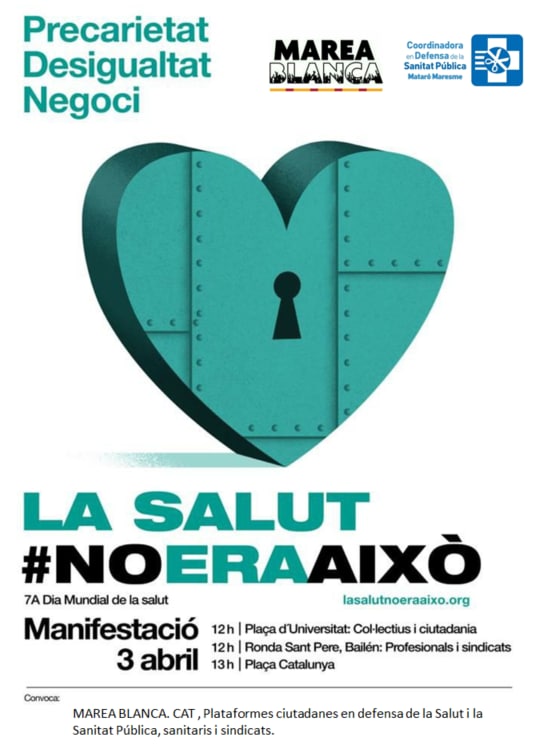 Ens veiem en la Manifestació a Plaça Urquinaona a les 12:00h per defensar el Drets a la Salut, per una Sanitat pública, fora les privatitzacions que ens xuclen la sang.
#LaSalutNoEraAixo 
<a href="/MareaBlancaCAT/">Marea Blanca CAT</a> 
#Maresme 
#mataro