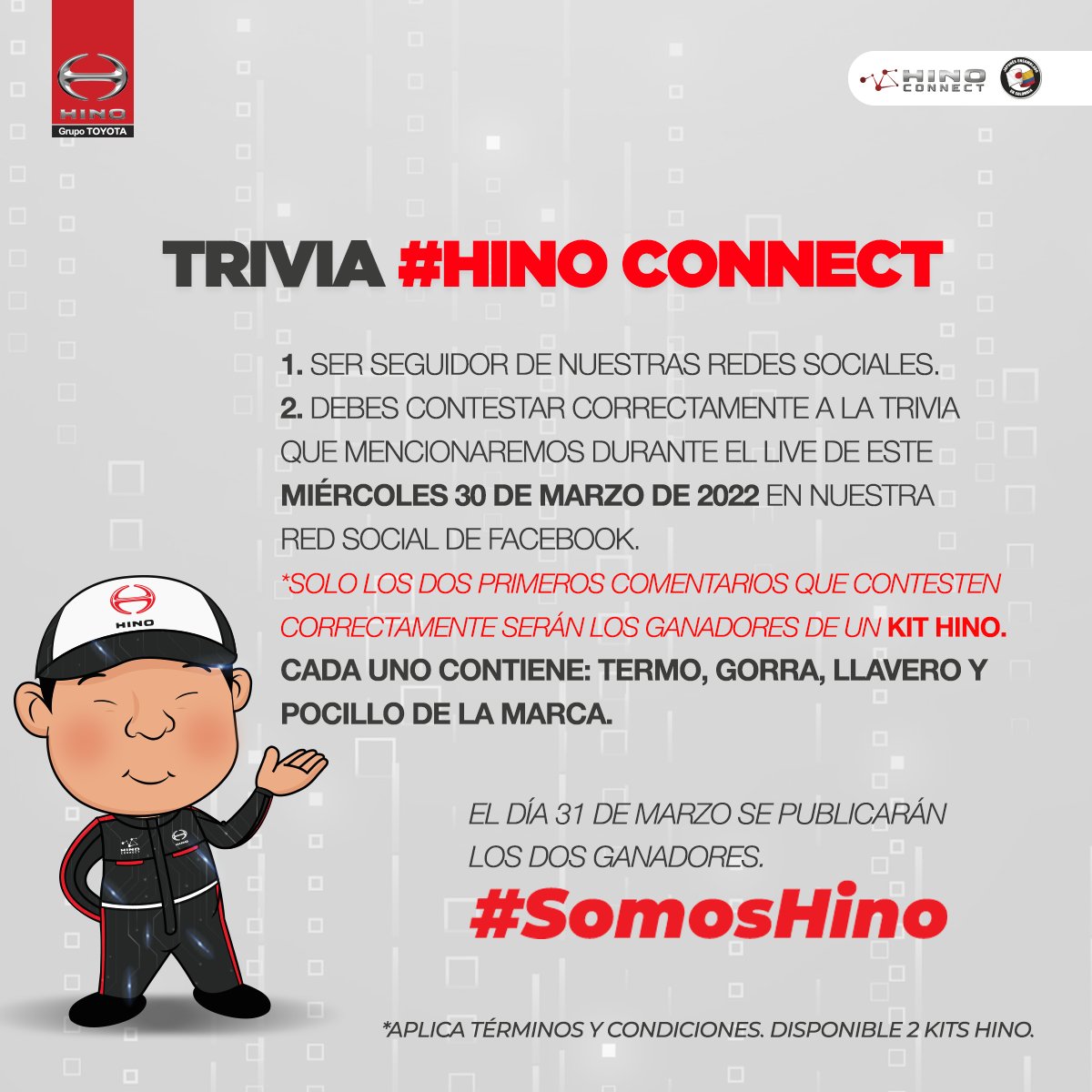HinoColombia's tweet photo. 🎁*ACTIVIDAD HINO* 🎉 Si quieres llevarte un #KitHino sigue las instrucciones, lee y acepta los términos y condiciones aquí: ️➡️ https://t.co/ILJFccSgqA y no olvides acompañarnos mañana a nuestro Live a las 6:00 PM ¡Te esperamos! https://t.co/wG1sOF38LE