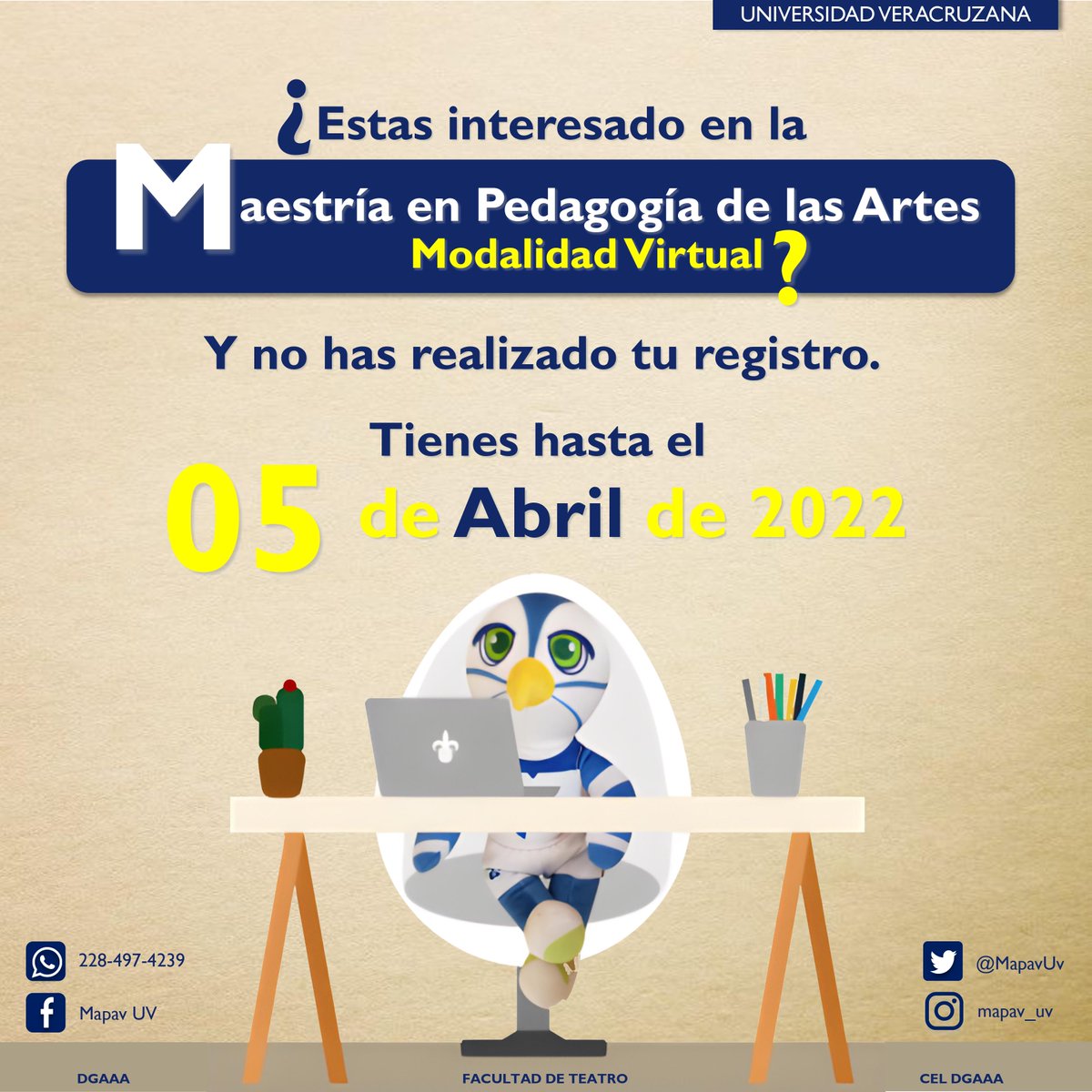 MapavUv's tweet image. ¿Estas interesado en la Maestría en Pedagogía de las Artes-Modalidad Virtual?
Y no has realizado tu registro.
Tienes hasta el 05 de Abril de 2022.