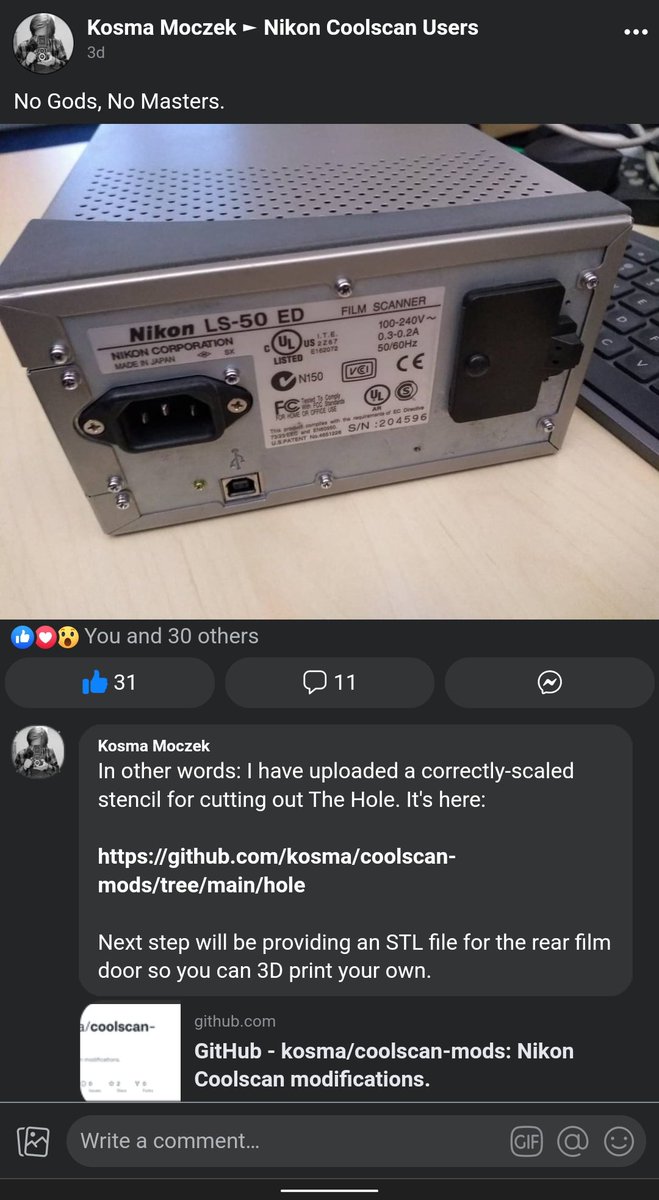 lamlux's tweet photo. Looks like those who have an LS-50 or 40 without the back door for bulk film scanning will soon be able to cut their own door hole and 3d print a door, AND get a custom firmware to do all of it 😂. Gotta love the persistence to not let old hardware rest in peace. https://t.co/vZ2W1cSG97