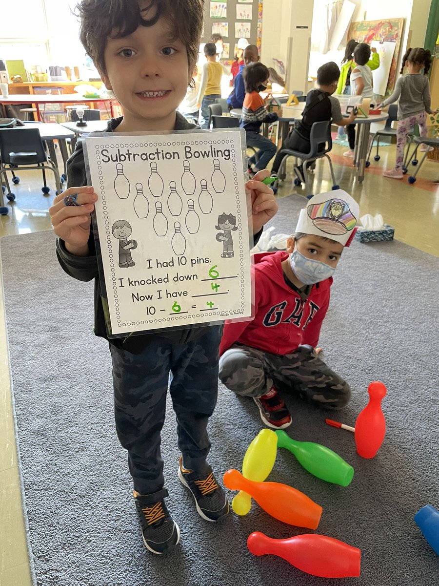 Mrs_Grant_'s tweet photo. We are learning that subtraction means taking away! We created smaller numbers through bowling today 🎳 @StRoseLimaOCSB https://t.co/DeIGQLlcgl