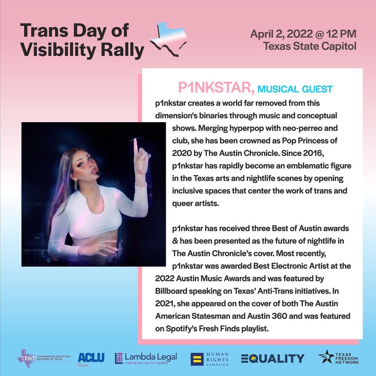 🤠 Texas Rising Action ↗️ (@texrising) on Twitter photo are you ready to rally this weekend?! 🏳️⚧️ we're excited to announce our special guests <a href="/jessicafortexas/">Jessica González</a> and p1nkstar!
We're incredibly thankful for their work and commitment to being fierce advocates for our trans community.
Join us at the Capitol steps to hear from them🗣️ are you ready to rally this weekend?! 🏳️⚧️ we're excited to announce our special guests <a href="/jessicafortexas/">Jessica González</a> and p1nkstar!
We're incredibly thankful for their work and commitment to being fierce advocates for our trans community.
Join us at the Capitol steps to hear from them🗣️