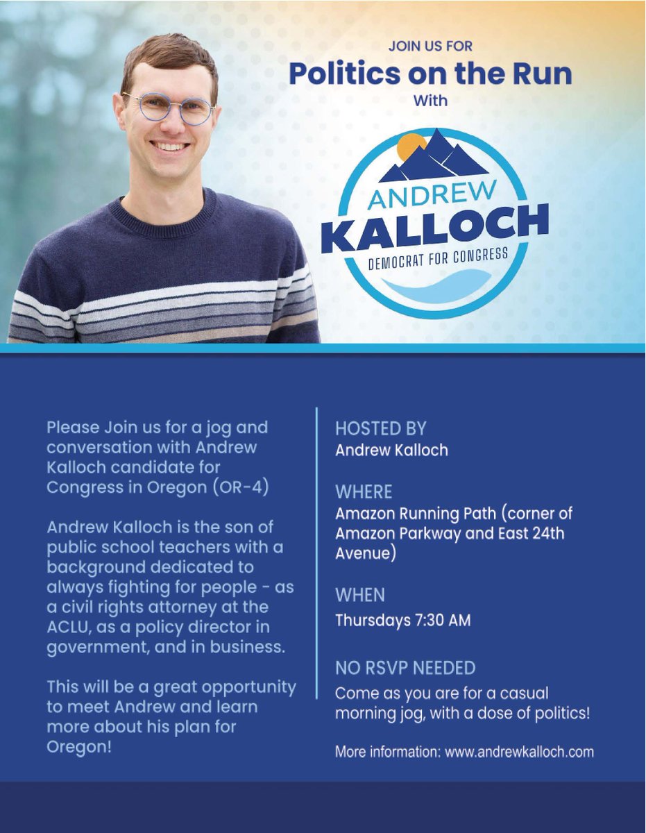 AndrewKalloch's tweet photo. Reminder to friends @EugeneRunningCo @BowermanTC @OregonTF that you can get in a Thursday morning jog (or your warm-up for you speedy folks) while chatting about what Oregon needs from the next generation of Congressional leadership. See you soon! https://t.co/hV42vtUH2h