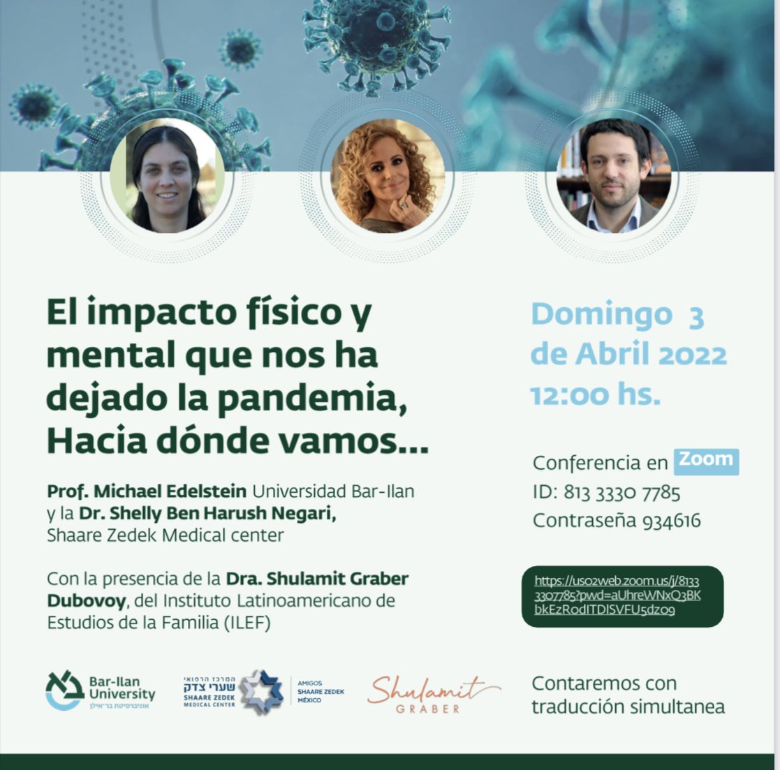 Los invitamos a escuchar la plática: “El impacto físico y mental que nos ha dejado la pandemia, hacia donde vamos…”  con tres ponentes reconocidos  a nivel internacional. 
¿Como apoyamos a nuestros hijos? ¿A nuestra pareja? ¿Que nos espera?
No faltes!