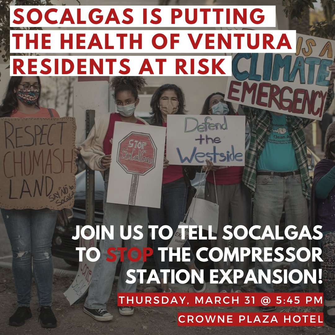 CFROG_vc's tweet photo. 📢🚨 Join us to rally outside the Crowne Plaza Hotel to STOP SoCalGas.
SoCalGas is holding a "public forum" to reveal its study on alternative sites for the Ventura Compressor Station. This study is not independent and is inherently bias. RSVP at https://t.co/ldxdjB8Ya8 https://t.co/v7PVWTLXvo