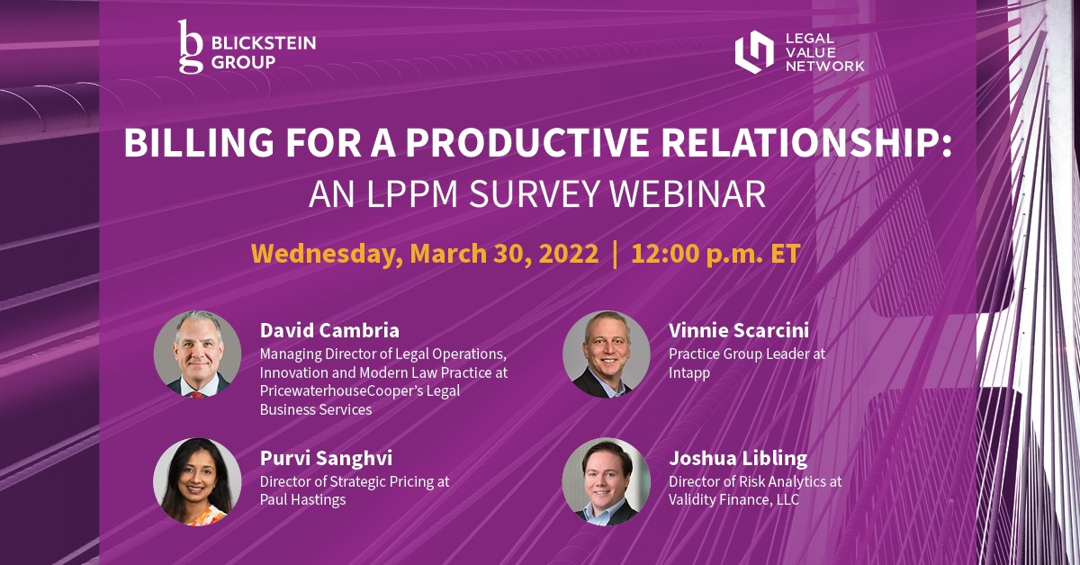 Sign up for the webinar on Billing for a Productive Relationship tomorrow @ 12 pm ET. We'll explore data from the LPPM Survey around billing models and the billing relationship. We'll also discuss how law firms &amp; law departments can work together. bit.ly/3wMpIPB