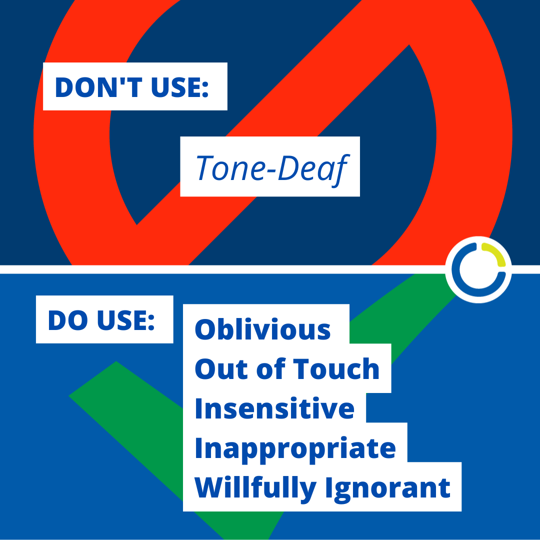 1in4coalition's tweet photo. Expressions like “tone-deaf” reinforce harmful stereotypes by equating something negative with a physical condition.  We encourage the use of other phrases that say what you mean without reinforcing negative associations.

#ablelistlanguage  #stereotypes #languageisimportant https://t.co/qW4gtHchwH
