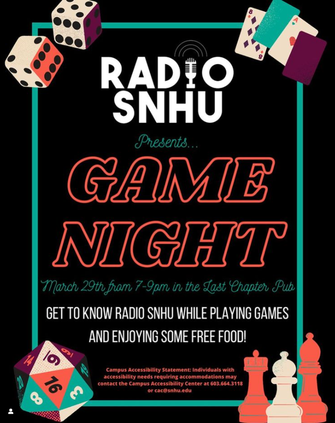 SNHUOnCampus's tweet photo. Get yourself in the game with @ORadiosnhu's Game Night tonight from 7-9 p.m. in the @SNHULastChapPub. Free food and fun! https://t.co/hn4EwrpF75
