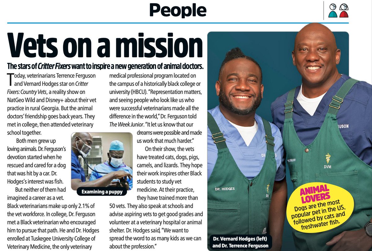 theweekjuniorus's tweet photo. We loved the opportunity to interview veterinarians &amp; stars of Critter Fixers: Country Vets, Terrence Ferguson (@tflee31) &amp; Vernard Hodges (@drhodges)! Thank you for chatting to The Week Junior about the show &amp; your path to becoming animal doctors!🐶🐱 @natgeowild @Disneyplus https://t.co/HzZXTSvVi6