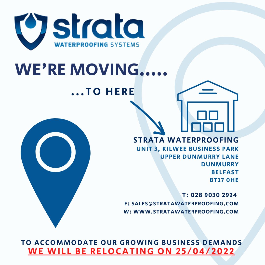 Due to our continued growth, Strata Waterproofing are moving premises on 25th April 2022.  Come and visit us for all your flat roofing needs #liquid #bituminous #singleply #rubber #hotmelt #insulation  #roofing #flatroofing