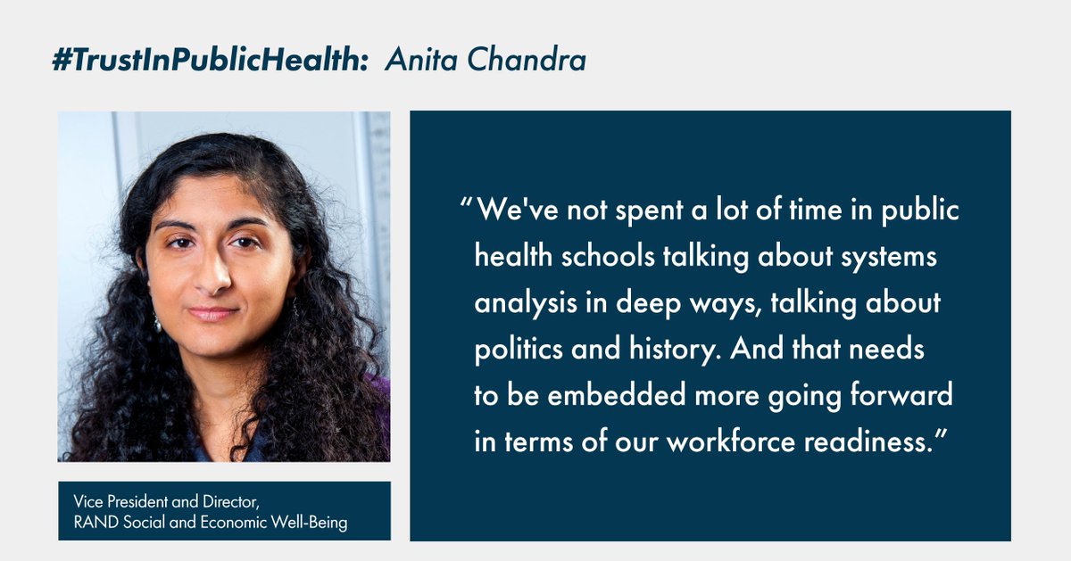 Anita Chandra (@DrAnitaChandra) of @RANDCorporation suggested that #healthequity should become a core part of #publichealth education to ensure our future workforce's ability to partner with communities successfully. 

Watch ow.ly/nQKZ50IvnUT #TrustInPublicHealth #sodh