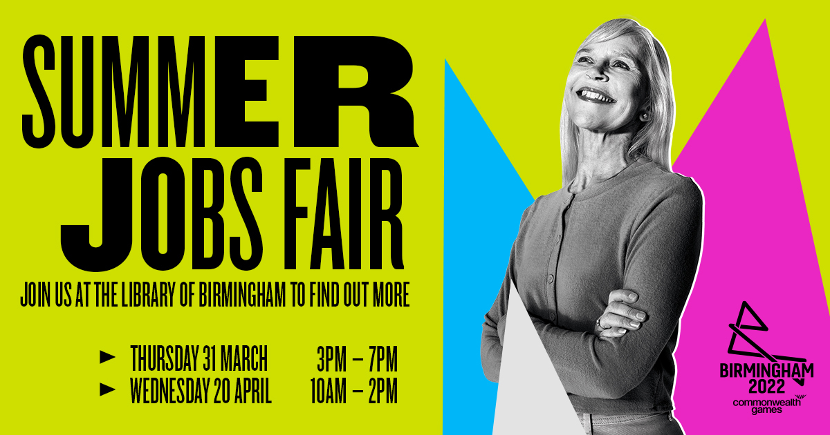 Birmingham 2022 (@birminghamcg22) on Twitter photo Looking for a summer job? We're hosting a Jobs Fair this Thursday to tell you about the 20,000 roles up for grabs as part of the #B2022 team this summer.
Join us at <a href="/LibraryofBham/">LibraryofBirmingham</a> to find out more!
Find out more: birmingham2022.com/jobs Looking for a summer job? We're hosting a Jobs Fair this Thursday to tell you about the 20,000 roles up for grabs as part of the #B2022 team this summer.
Join us at <a href="/LibraryofBham/">LibraryofBirmingham</a> to find out more!
Find out more: birmingham2022.com/jobs