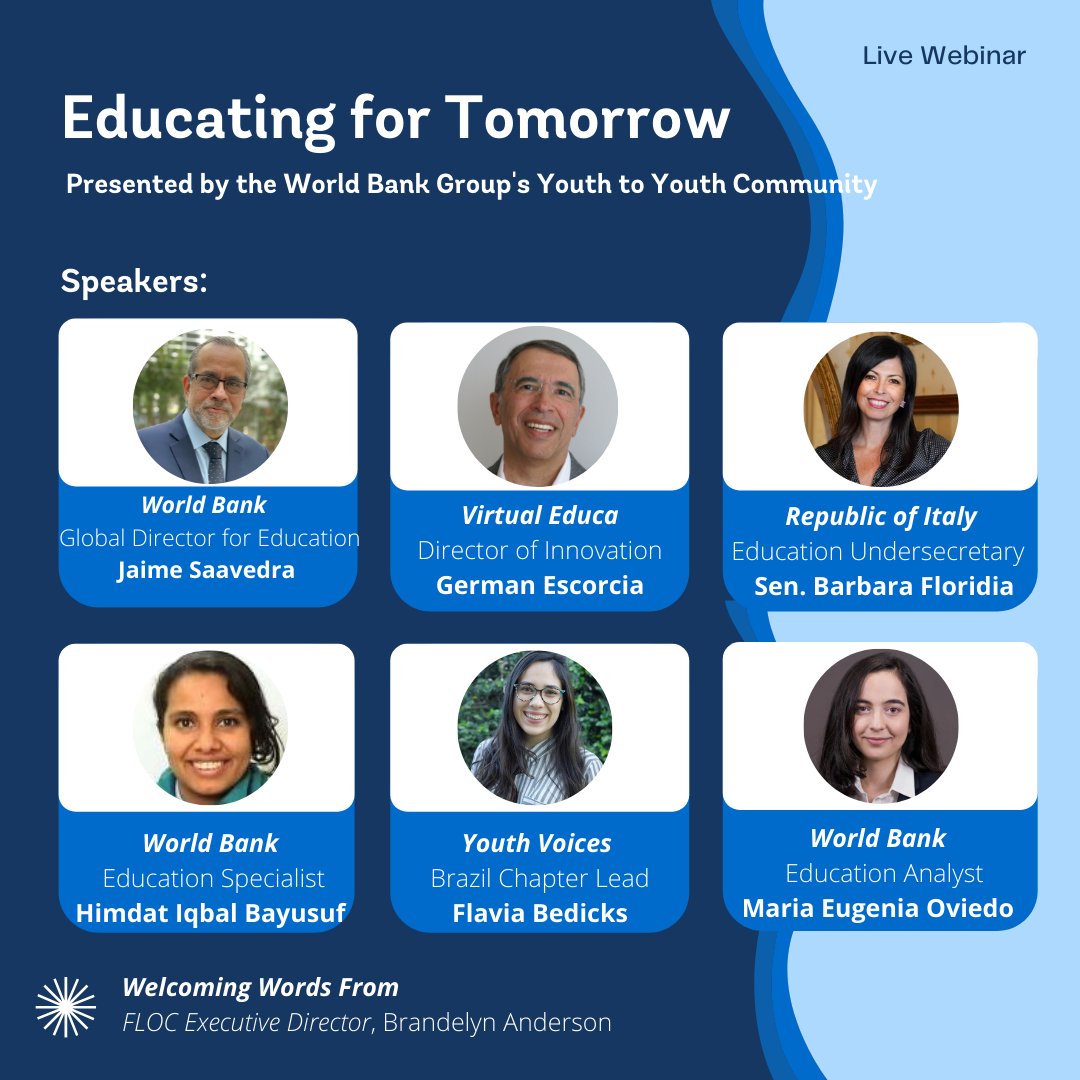 📣Are you a young leader? Passionate about #education? 

Join us on 31 March 9AM ET to hear from global education experts including <a href="/JaimeSaavedra22/">Jaime Saavedra</a> <a href="/FloridiaBarbara/">Barbara Floridia</a> <a href="/Himdat/">Himdat@WB</a> <a href="/MariaEOviedo0/">Maria Eugenia Oviedo</a> <a href="/brasil_yv/">Youth Voices Brasil</a> <a href="/virtualeduca/">Virtual Educa</a> <a href="/Y2YWBG/">Youth2Youth</a> 

ℹ️ wrld.bg/opRX50Ivk9B 

#EducatingforTomorrow