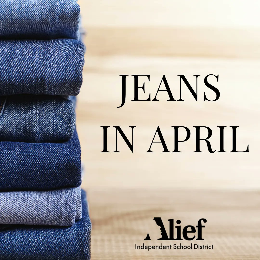 AliefISD's tweet photo. As a result of the participation in the March primaries, Alief ISD employees will be allowed to wear jeans for the entire month of April. No, this is not a cruel April Fools’ Day joke. Beginning April 1 you may wear jeans for the entire month of April!! https://t.co/k9Cegy1AhL
