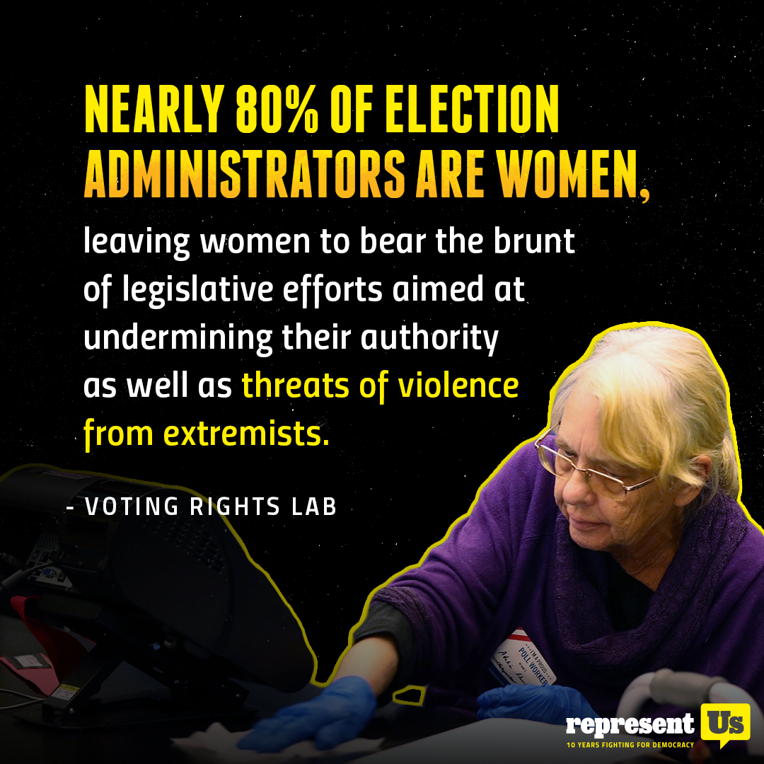 representus's tweet photo. Election officials are being undermined and outright threatened nationwide. According to @votingrightslab, 80% of them are women. We're organizing on the ground in key states to support election workers and protect elections: https://t.co/eCebMrilkc https://t.co/7TErvUMyF6