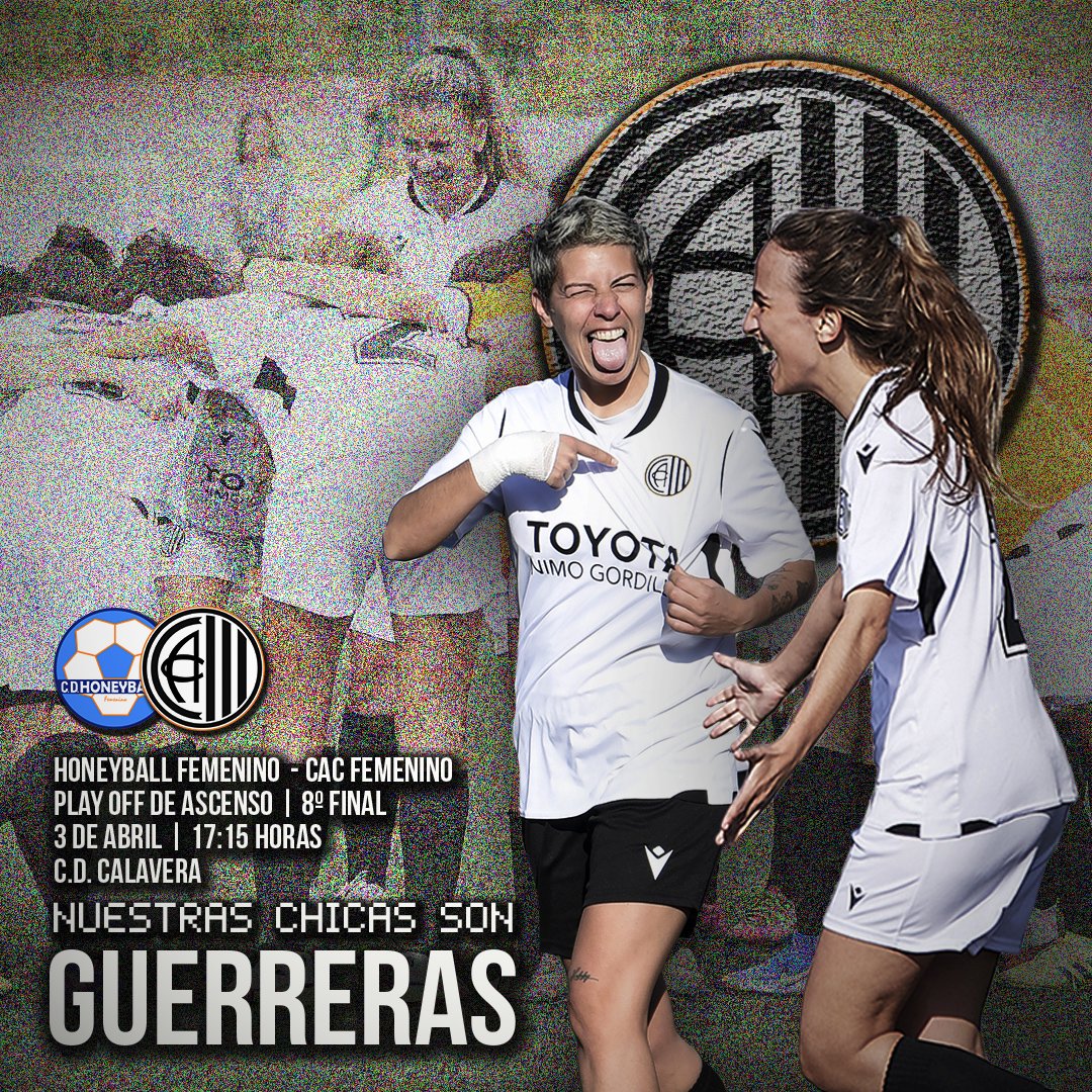 CAC_Fem's tweet photo. 🔜💪 Nuestras chicas son 𝔾𝕌𝔼ℝℝ𝔼ℝ𝔸𝕊. ¡Vamos a por el primer partido del play off! ¡OS NECESITAMOS, AFICIÓN!

🆚️ @cdhoneyballfem
🏟 CD Calavera
📅 Domingo 3 de abril
⏰ 17:15 h.

#CACFem ⚫⚪⚽️ https://t.co/GbusEAqHxQ