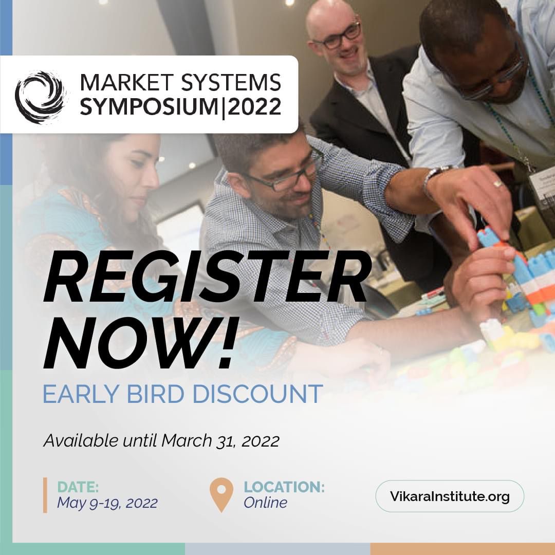 Early bird registration for #MSS2022 ends Thursday, March 31. Don't miss the discount! Click here to register: bit.ly/3uDSzo5 
<a href="/market_systems/">Market Systems Systems Symposium</a> <a href="/VikaraInstitute/">Vikāra Institute</a>