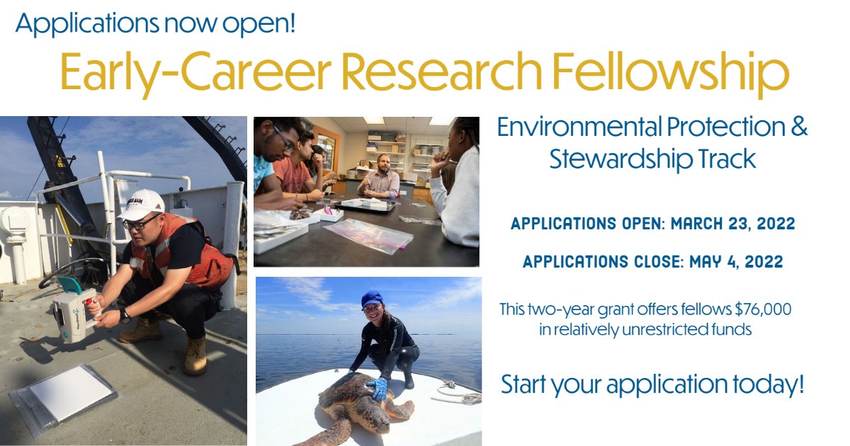 Apply now for the Environmental Protection and Stewardship Track of the Early-Career Research Fellowship! This two-year #grant offers $76,000 in relatively unrestricted funds to support projects that study ecosystem changes in the Gulf of Mexico.  ow.ly/4IyS50Ivk2o