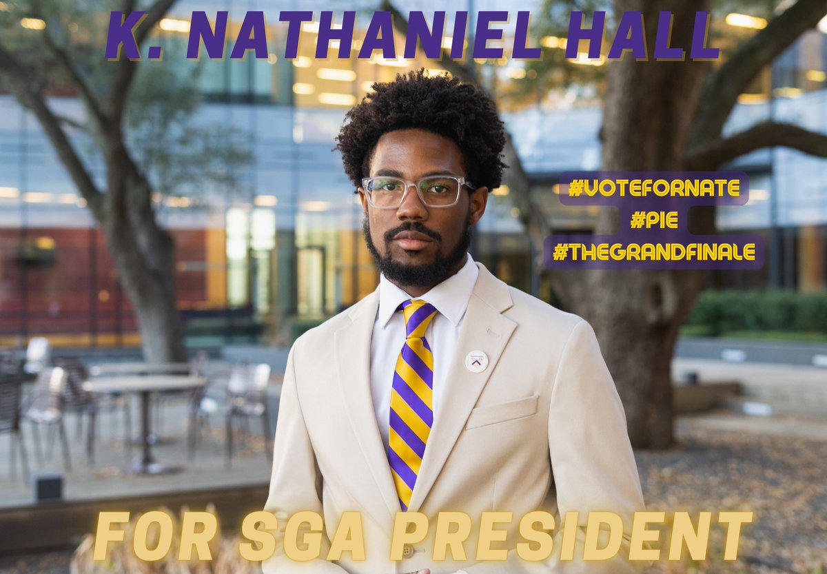 KNathanielHall's tweet photo. The time is now!

Greetings, Panthers. My name is K. Nathaniel Hall, and I am running to be your 41st Student Government Association President. We’re going to further the Pursuit of Infinite Excellence for the Grand Finale!

Let’s get right!

#PVElections #PIE #TheGrandFinale https://t.co/LxGI2X1lfe