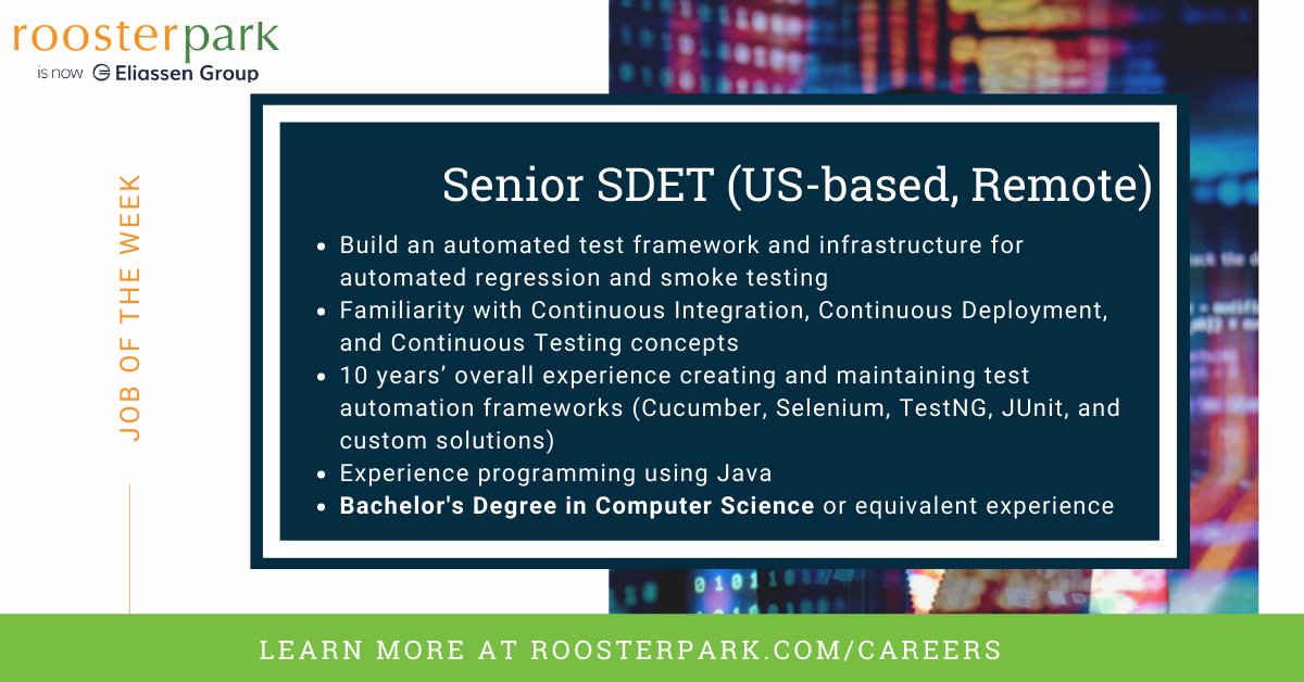 RoosterPark's tweet photo. Seeking a Senior SDET with hands-on experience building automated testing frameworks to join a client's growing telehealth organization
Preferred: 1+ years’ experience with Groovy and Appian
To learn more please contact Ray Zambroski ray@roosterpark.com https://t.co/QmTWkKEsP3 https://t.co/BosAriB65e