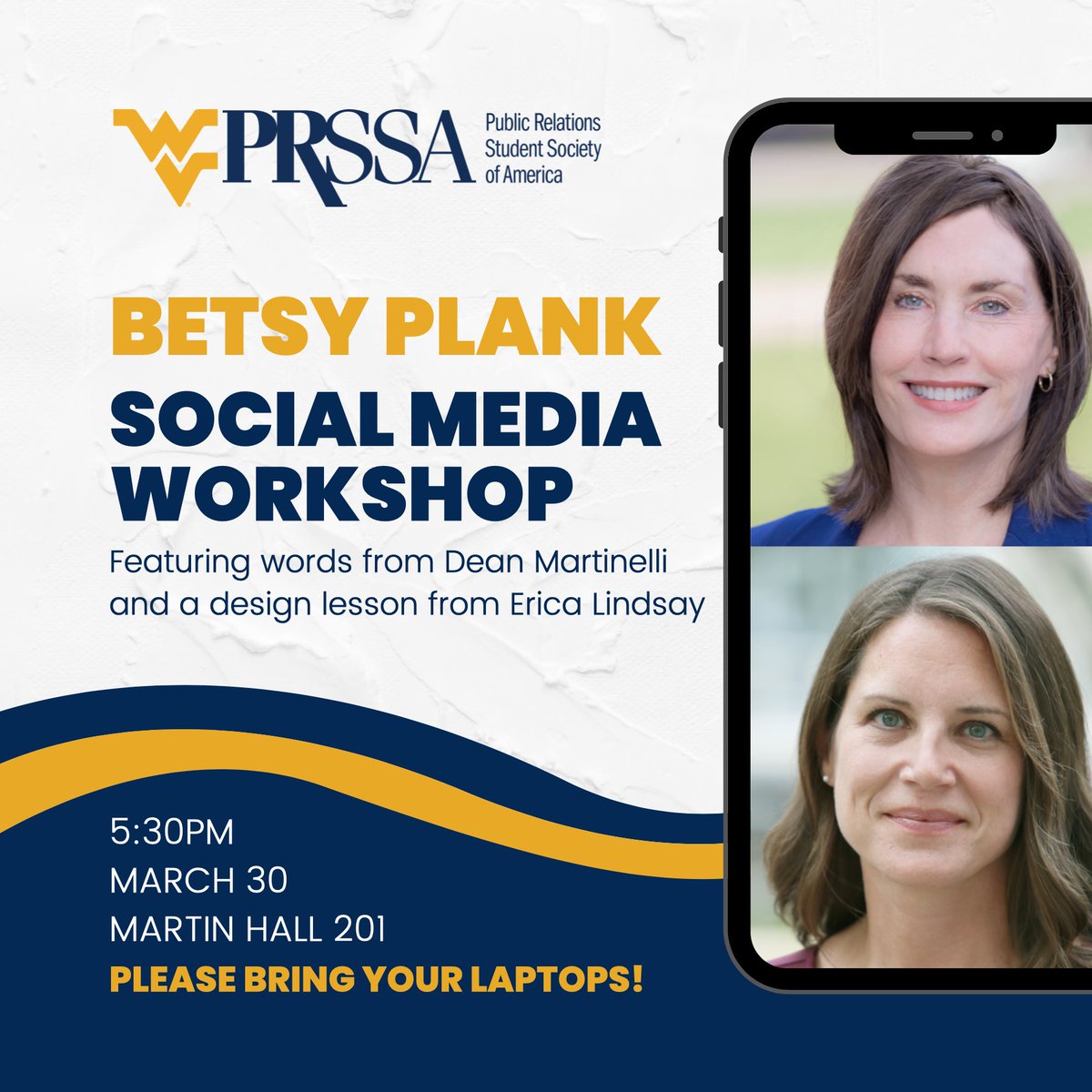 Join us tomorrow evening, Mountaineers! 🔔
During our meeting tomorrow, we will hear from Dean Martinelli about Betsy Plank and the history of Public Relations followed by a social media graphic lesson from Erica Lindsay! 
We can’t wait to see you there 😊 #WVUPRSSA