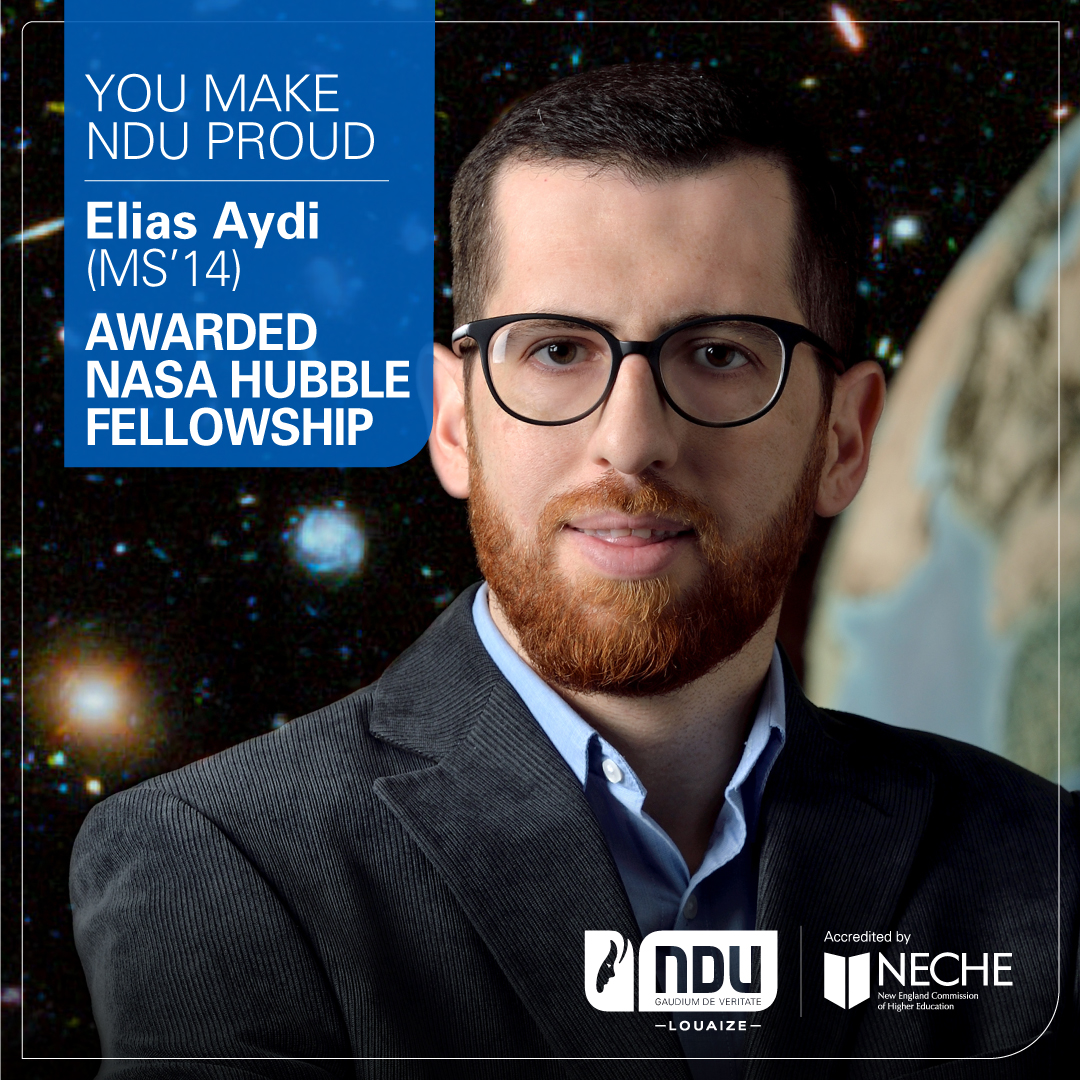 NDU_Louaize's tweet photo. NDU Alumnus, @Elias17Aydi, PhD, has been awarded the NASA Hubble Fellowship, the most prestigious award in astronomy and astrophysics. More: https://t.co/IQ19rpSqnb

Congratulations to Dr. Elias Aydi!

#NDU #NDUNews #NDUAlumni #NASA #NHFP #HubbleFellowship https://t.co/iW1B6KIihV