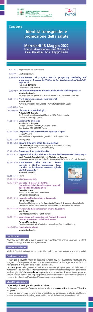 Identità transgender e promozione della salute
Mercoledì 18 Maggio 2022, al Centro Internazionale Loris Malaguzzi (Viale Ramazzini, 72/a - Reggio Emilia) si terrà il convegno "Identità transgender e promozione della salute".
 #transgender
ausl.re.it/identita-trans…