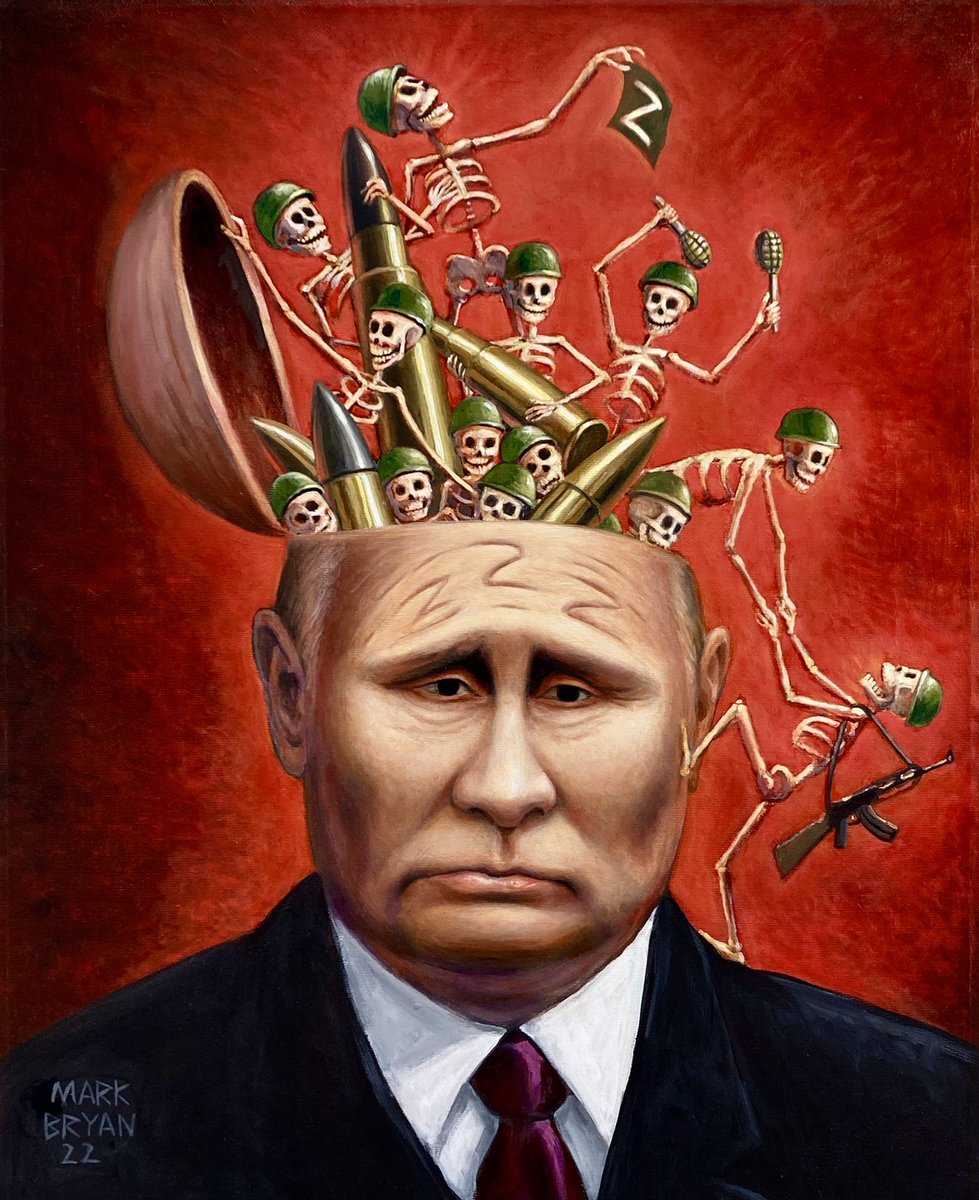 ArtofMarkBryan's tweet photo. “Putin’s Pity Party” The death party in his head hasn’t turned out to be as much fun as he had hoped. #putin #warcriminal #deathparty #DeadRussianSoldiers #UkraineRussiaWar #stall #politicalart #painting https://t.co/bL7obtwkvF