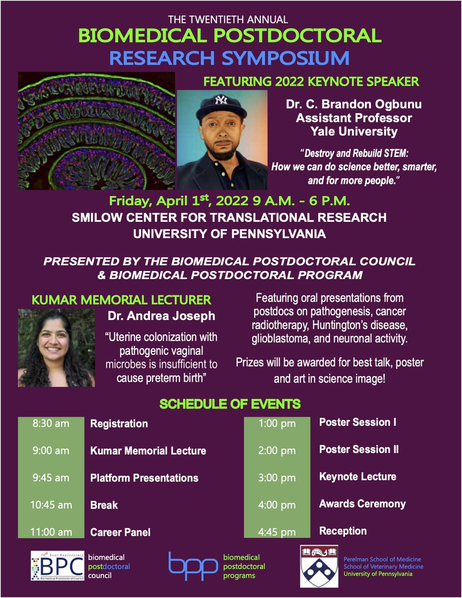 PennPPA's tweet photo. Join us, this Friday, for the 20th Annual BPC Symposium at Smilow Center for Translational Research.
The symposium features keynote speaker- @big_data_kane , talks & posters from #PennPostdocs, & a career panel.
The sessions are followed by an outdoor social at Houston Hall! https://t.co/kTkqSevqFE