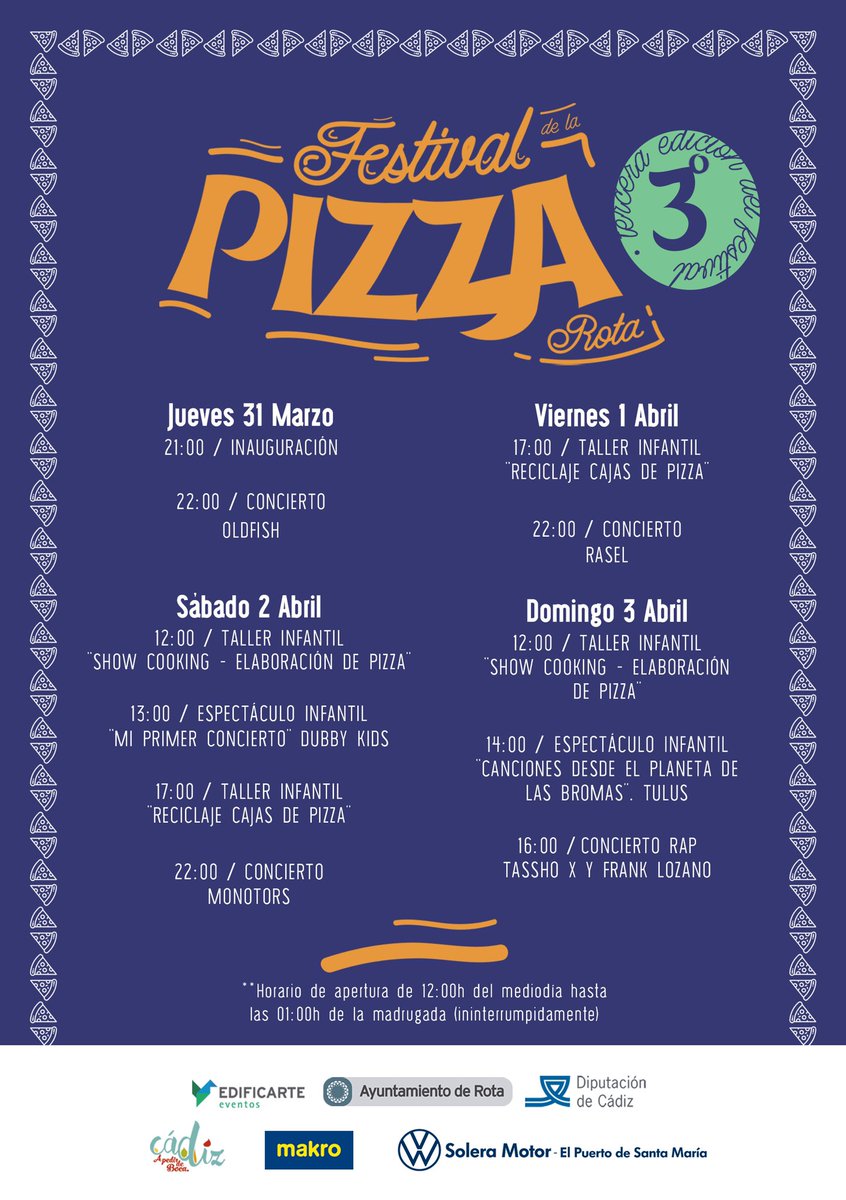 evitacobos's tweet photo. Si es que tenemos de todooooo‼️
Pizzas y conciertos desde el 31 de marzo al 3 de abril en Rota 
¿Te lo vas a perder? 🍕 https://t.co/60qpRpue0d