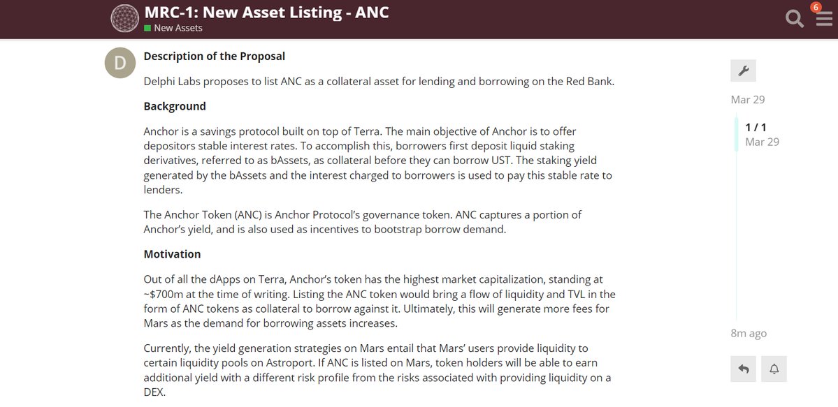 mars_protocol's tweet photo. 🛰️ INCOMING PROPOSAL

Delphi Labs proposes adding $ANC as a collateral asset for borrowing &amp; lending in the Red Bank

The debate will be open for at least 7 days (5 days + 2-day editing freeze) before potentially moving to on-chain voting

Join the debate: https://t.co/uYJnGwEn6I https://t.co/VcQnhSpEuX