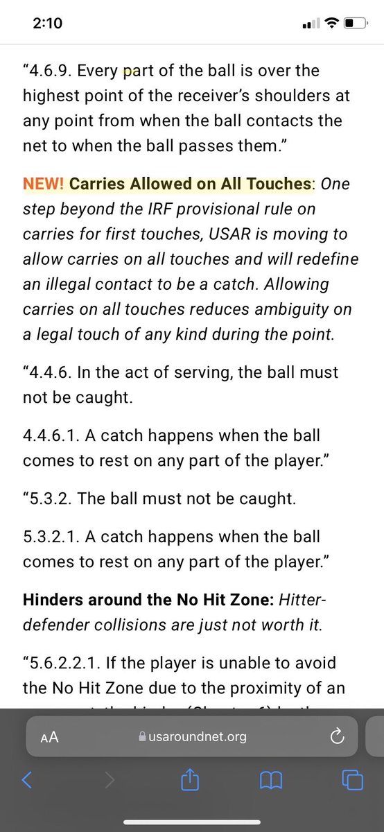 USARoundnet's tweet photo. ‼️2022 RULE REVISION‼️ Effective immediately, USAR Rules have been revised to allow carries on all touches and redefine an illegal contact to be a catch:
“5.3.2. The ball must not be caught.
5.3.2.1. A catch happens when the ball comes to rest on any part of the player.”

1/2 https://t.co/oZPwjn5Ino