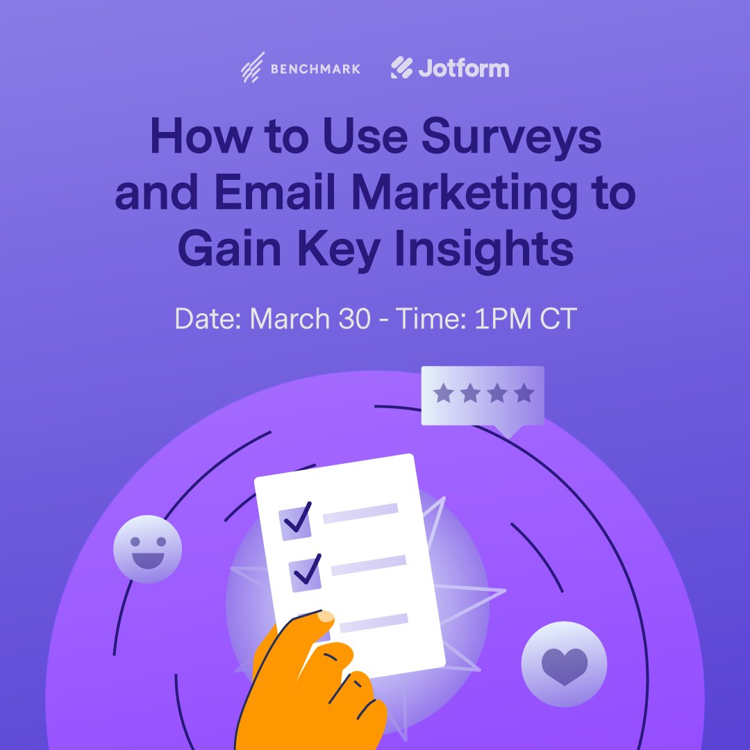 ✨ Tomorrow!✨ Join our webinar with 
<a href="/Jotform/">Jotform</a>: “How to Use Surveys and Email Marketing to Gain Key Insights.” Register here: form.jotform.com/22065595317296…