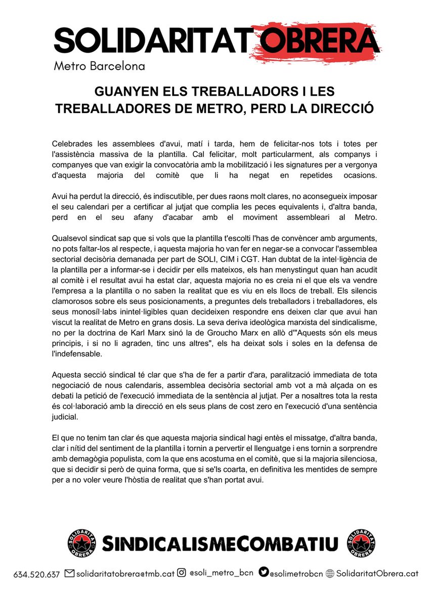 SoliMetrobcn's tweet photo. En primer lloc, agrair i felicitar a tots els treballadors i treballadores que amb la seva mobilització i signatures,van aconseguir la convocatòria d'aquesta assemblea.
El camí ho ha marcat la plantilla,els sindicats hem d'escoltar i obeir si volem ser dignes de representar-los. https://t.co/Tkho3X08MX